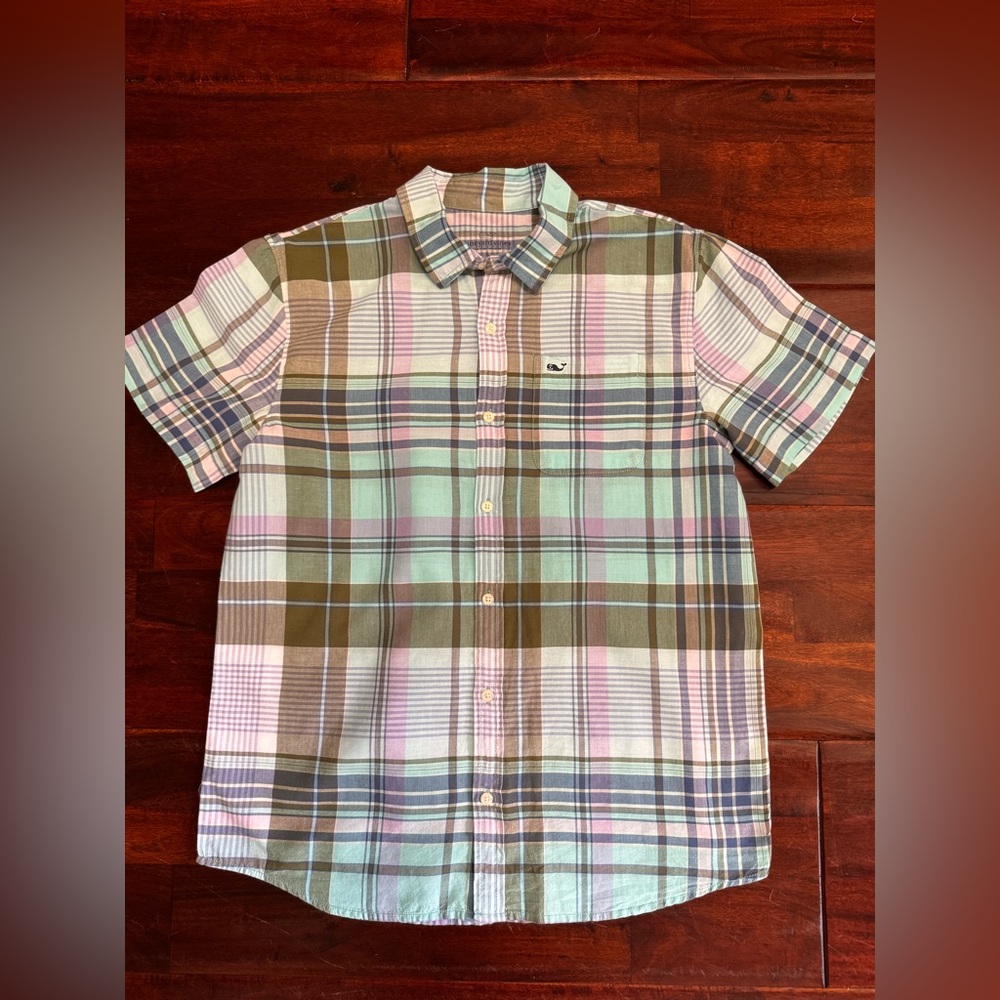 Vineyard Vines Boys Button Down Short Sleeve Plaid Shirt Size Large 16